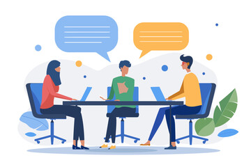 Conversation or communication for success, meeting discussion to get answer or solution, working together, partnership or collaboration concept, business people talk with speech bubble jigsaw connect
