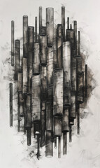 Stacked cylindrical logs in charcoal, evoking deforestation.