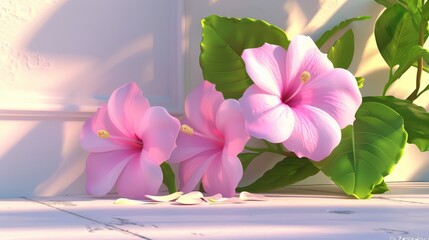 a pink flower sitting on top of a white tile floor next to a green leafy plant on top of a white tile floor.