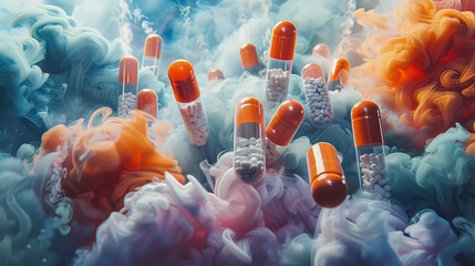 A colorful cloud of smoke with many pills in it - obrazy, fototapety, plakaty