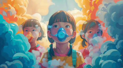 A girl with a blue mask on her face is surrounded by smoke - obrazy, fototapety, plakaty