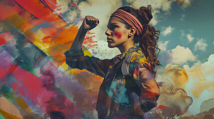 Illustration of a strong and independent woman with a clenched fist with pride flag colors on the background - obrazy, fototapety, plakaty