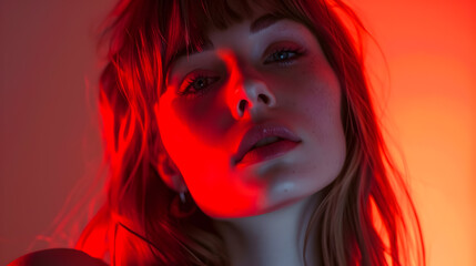 Sensual portrait of a young blonde woman, bright red color