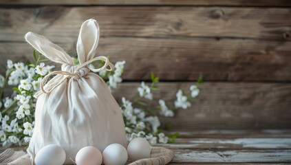 Easter background: Easter bunny ears and a white linen bag with eggs on a wooden background, copy space for text