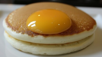 a close up of a plate of food with a fried egg on top of a pancakes on a white plate.