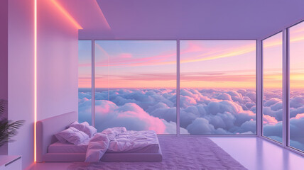 Cozy modern architecture minimalist bedroom above de clouds and sky. Dreamy luxury room with stunning views