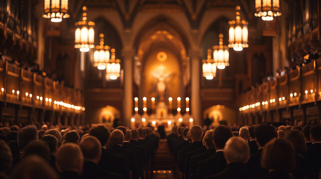 A congregation gathered in a church for worship or prayer, showcasing unity and community engagement