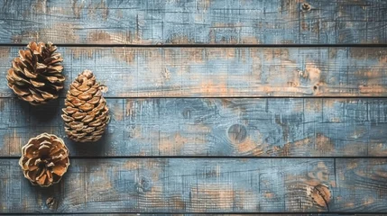 Foto auf Alu-Dibond three pine cones sitting on top of a blue wood planked floor with one pine cone on top of the other. © Igor