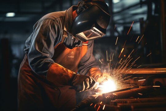 A photo from first person welding metal together in a workshop showing hands wielding a welding torch with precision
