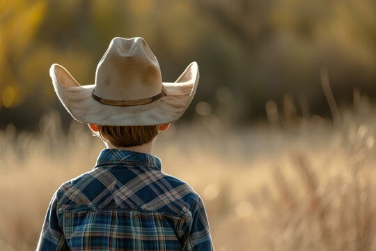 Rustic Back view cowboy boy costume. West person. Generate Ai