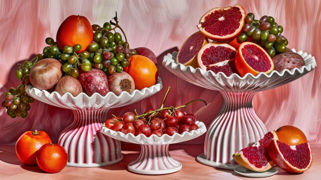 a painting of a bowl of fruit and a bowl of grapes and pomegranates on a table.