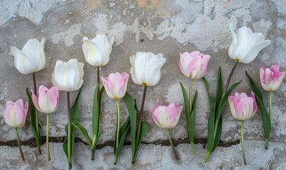 a group of white and pink tulips on a stone wall with green stems in the middle of the row. - obrazy, fototapety, plakaty