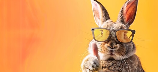 Easter background: Cute Easter bunny in sunglasses giving a thumbs up on an orange background with copy space, banner design
