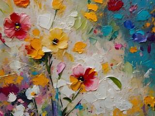 Abstract rough colorful multicolored organic floral spring flowers art painting texture, with oil acrylic pallet knife paint on canvas wallpaper, banner background/design concept. generative ai