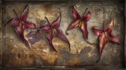 a group of red flowers sitting on top of a cement wall next to a wall with peeling paint on it.
