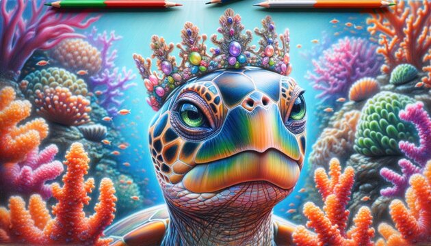 Colorful Sea Turtle with Jeweled Crown