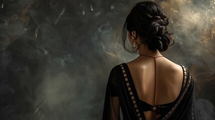 back view of arabian woman in black saree - obrazy, fototapety, plakaty
