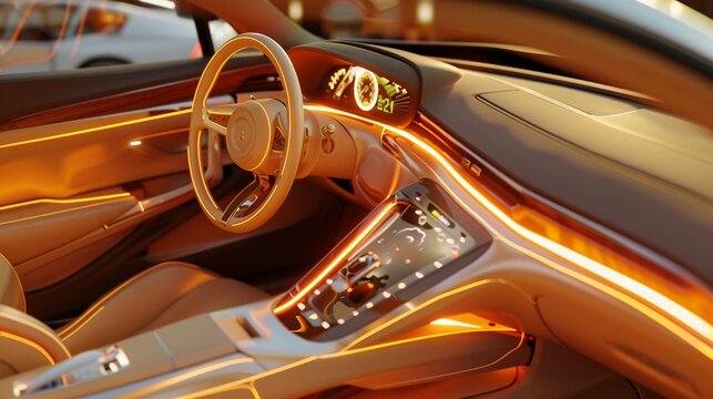 Car interior luxury. Beige comfortable seats, steering wheel, dashboard, climate control, speedometer, display, wood decoration & orange ambient light