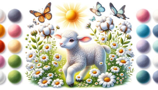 Whimsical Lamb and Candy in a Flower Field