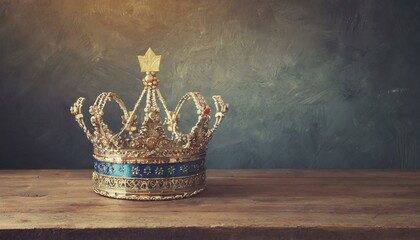 Regal Reverie: Vintage Low-Key Image of Crowned Majesty on Wooden Table