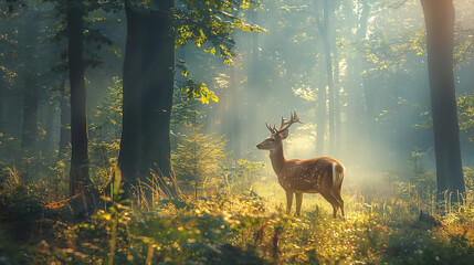 Deer in a Sunlit Misty Forest Clearing
