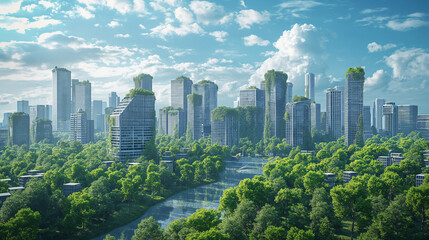 Futuristic Cityscape Integrating Abundant Greenery - obrazy, fototapety, plakaty
