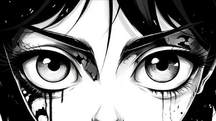 Manga eyes. Drawing of black and white anime character