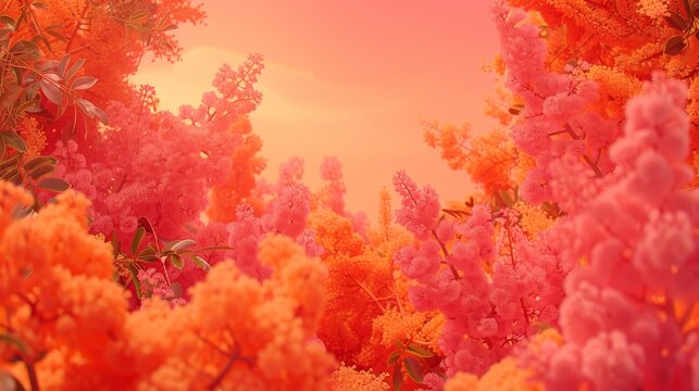 a bunch of pink and orange flowers in a field with a yellow sky in the backgrounnd of the picture.