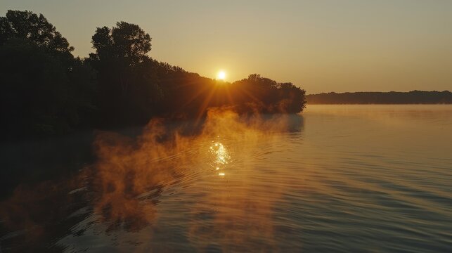 a body of water with trees in the background and the sun rising over the water in the middle of the picture.