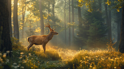 Spotted Deer in Golden Light of Dawn Forest