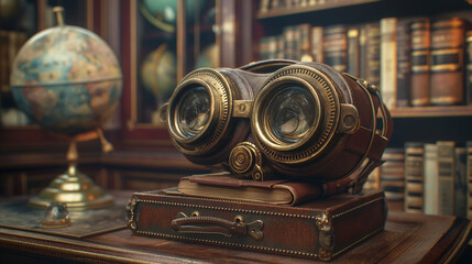 Steampunk Binoculars on Vintage Desk - obrazy, fototapety, plakaty