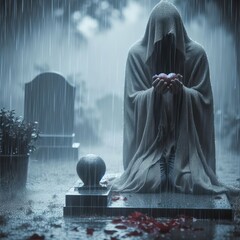 Cloaked figure holding a heart in the rain at a cemetery
