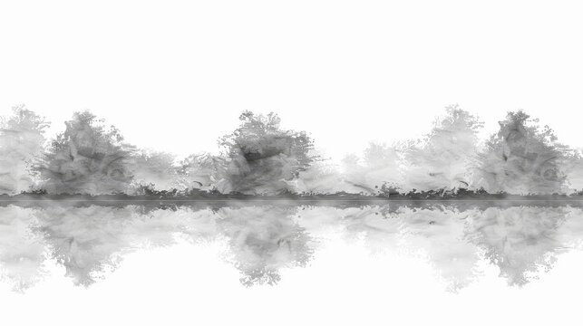 a black and white photo of a line of trees reflected in a body of water on a foggy day.