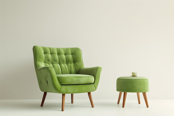 Comfortable green armchair and small green stool on a white background