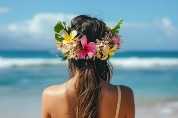 Cercles muraux Bora Bora, Polynésie française Relaxed Back view woman hawaii beach girl. Wedding wreath. Generate AI