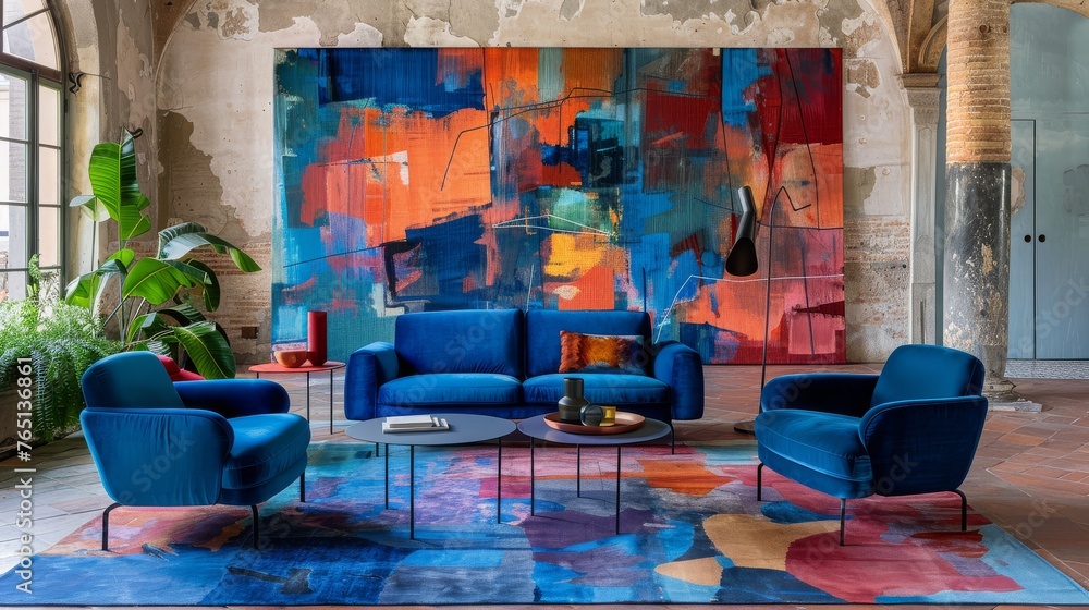 Wall mural a living room with a large painting on the wall and blue chairs and a coffee table in front of it.