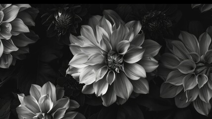 Elegant black and white Dahlia flowers - A group of Dahlia flowers in black and white, showing intricate petal patterns and delicate textures