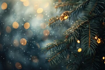 Festive pine branch with holiday lights - An enchanting close-up of pine needles lightly dusted with snow, twinkling with warm lights giving off a holiday vibe