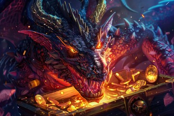 Treasure hoarding dragon over a chest - A fierce dragon with glowing eyes guards its hoard of gold and treasures within an enchanted cavern setting