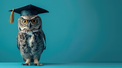 Owl with graduation cap against blue backdrop - An owl wearing a graduation cap symbolizes wisdom and education against a soothing blue background