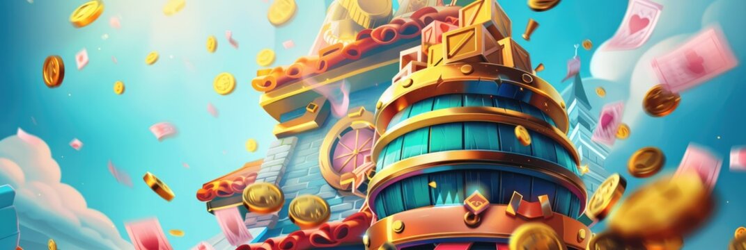 Fantasy money dock overflowing with coins - Whimsical artwork of a dock tower made of barrels overflown with gold coins against a blue sky with flying cards