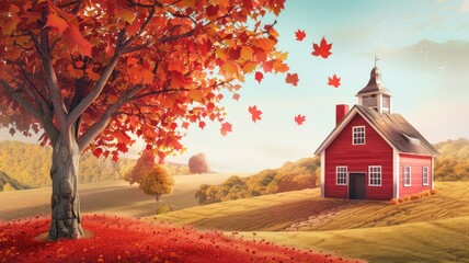 Red house and tree in a picturesque autumn scene - A quaint red house beside a large maple tree with vibrant fall foliage and a soft pastoral landscape