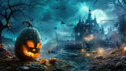Ingelijste posters Enchanted Halloween castle with pumpkins - A fantastical landscape of a haunted Gothic castle amid a Halloween-themed environment with glowing pumpkins and eerie lighting © Mickey