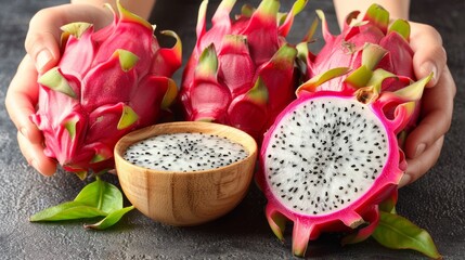 a close up of a dragon fruit next to a bowl of fruit and a person's hands holding a piece of fruit.