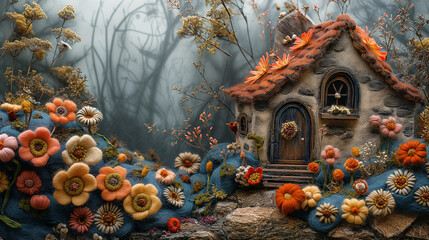 Landscape with house felting wool embroidery - obrazy, fototapety, plakaty