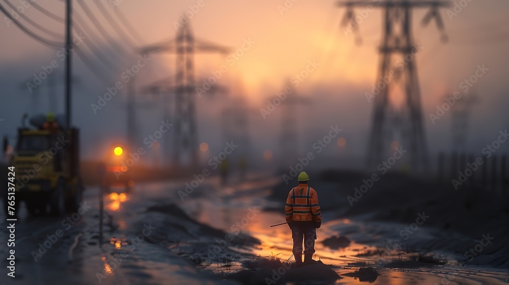 Poster contemplating the nuclear frontier: an engineer ponders progress amidst the towering structure of a 