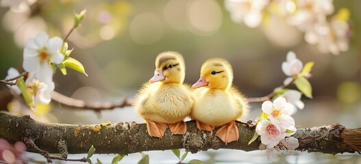 Easter background: Two yellow fluffy ducklings sitting on a log in a spring garden with blooming flowers