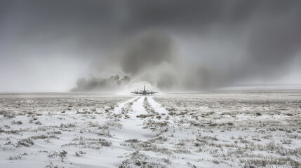 a black and white photo of a plane on a snowy runway with smoke billowing out of the sky in the distance.