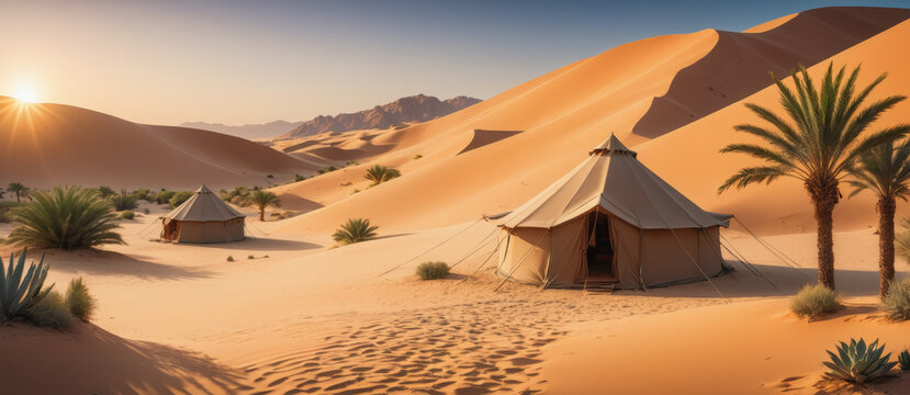 Nomad camp in the heart of Sahara desert. Sand dunes, bedouin tents, palms., glowing sun. Realistic desert landscape background