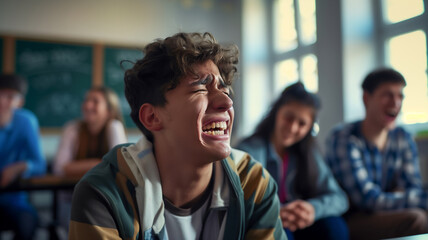 Teenage student crying among classmate laughing at them . Problems in teenagers at school . - obrazy, fototapety, plakaty